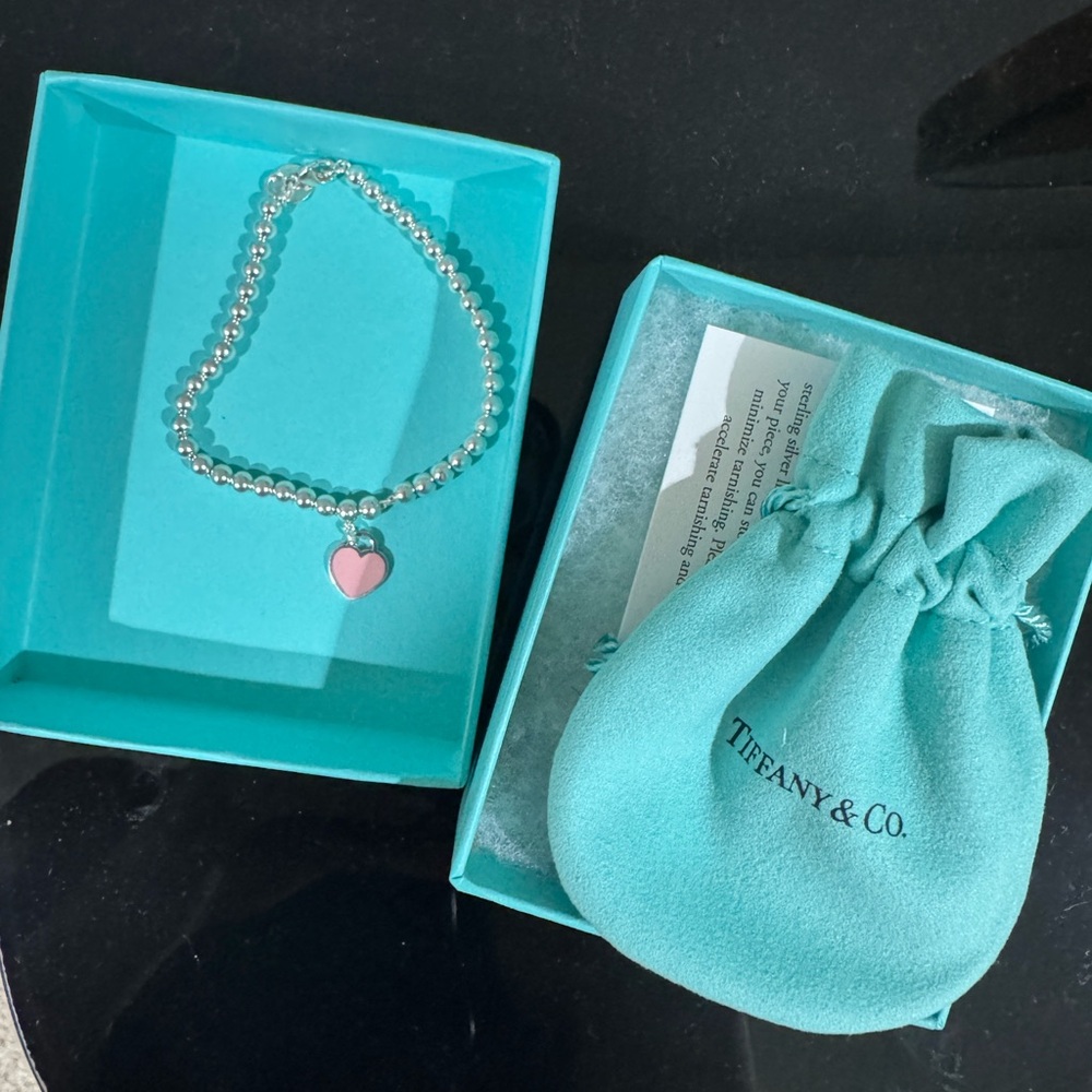 Tiffany & Co. Silver and Pink Mini Heart Bead Bracelet